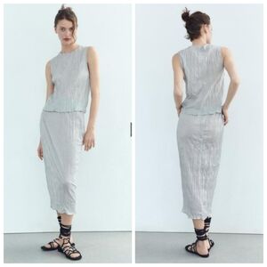 New Zara Silver Metallic Sparkle Semi-Sheer Midi Skirt NWT Medium